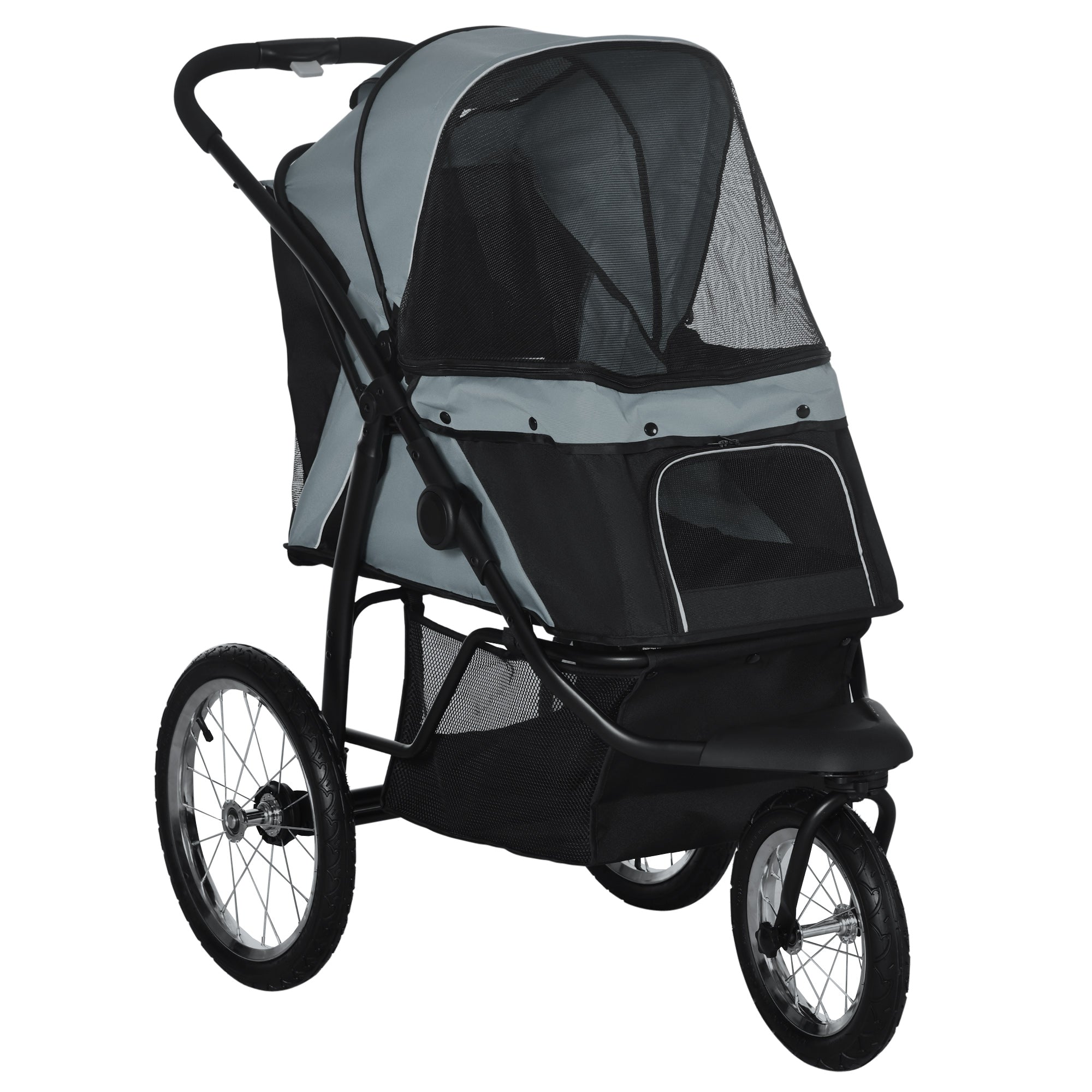 Dog Carriage Dog Buggy Foldable for Dogs & Cats up to 20 kg Cat Carriage with All-Terrain Rubber Wheels Cushion Mesh Windows Doors Cat Buggy with Storage Basket Gray