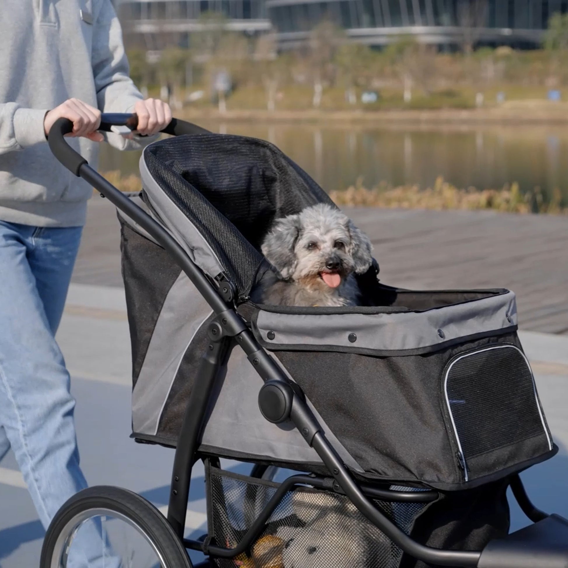 Dog Carriage Dog Buggy Foldable for Dogs & Cats up to 20 kg Cat Carriage with All-Terrain Rubber Wheels Cushion Mesh Windows Doors Cat Buggy with Storage Basket Gray
