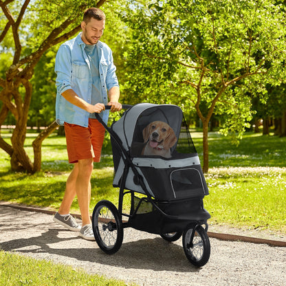 Dog Carriage Dog Buggy Foldable for Dogs & Cats up to 20 kg Cat Carriage with All-Terrain Rubber Wheels Cushion Mesh Windows Doors Cat Buggy with Storage Basket Gray