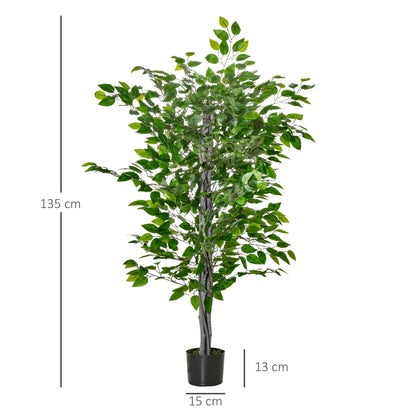 Large 135cm Artificial Ficus Tree, Plastic Artificial Plants Ficus in Pot, Realistic Artificial Tree with Cement, Artificial Grass for Living Room Bedroom Office Garden