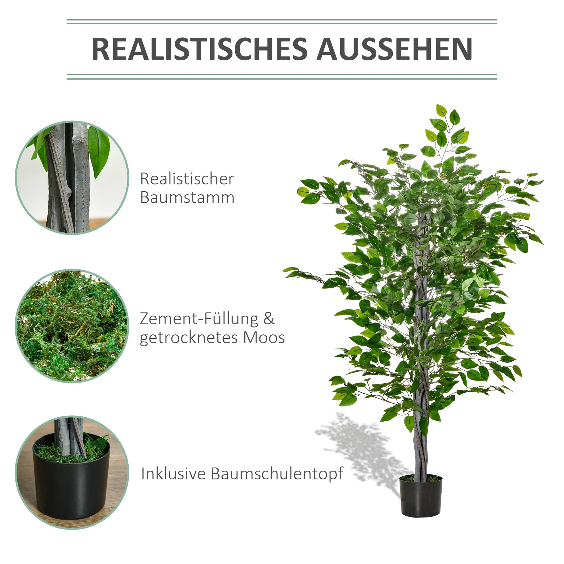 Large 135cm Artificial Ficus Tree, Plastic Artificial Plants Ficus in Pot, Realistic Artificial Tree with Cement, Artificial Grass for Living Room Bedroom Office Garden