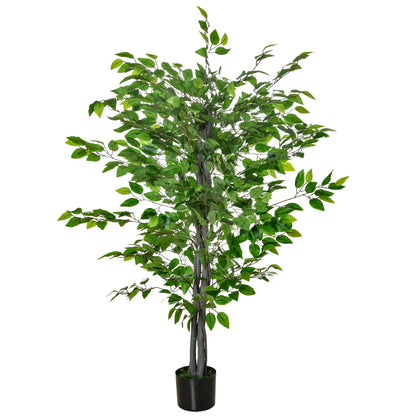 Large 135cm Artificial Ficus Tree, Plastic Artificial Plants Ficus in Pot, Realistic Artificial Tree with Cement, Artificial Grass for Living Room Bedroom Office Garden