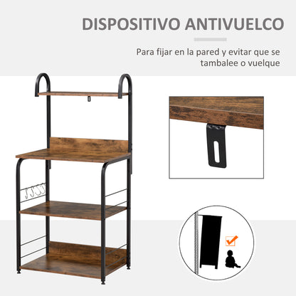 4-Tier Kitchen Shelf Kitchen Rack with Hooks Microwave Stand 60x40x125 cm Rustic Brown and Black