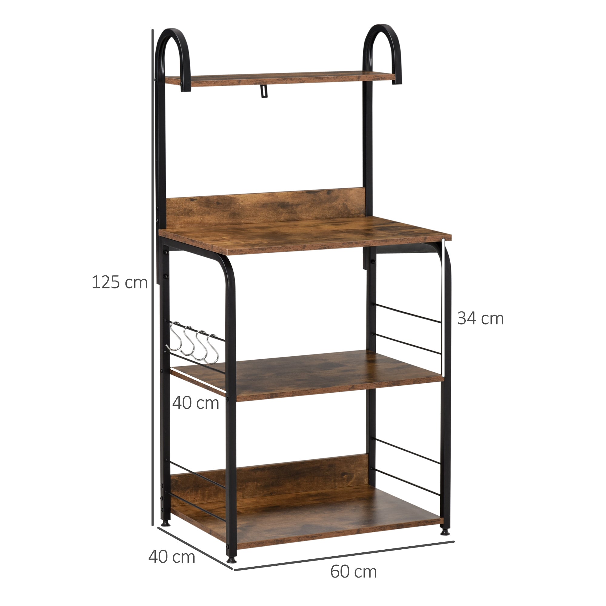 4-Tier Kitchen Shelf Kitchen Rack with Hooks Microwave Stand 60x40x125 cm Rustic Brown and Black