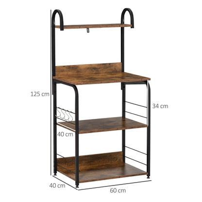 4-Tier Kitchen Shelf Kitchen Rack with Hooks Microwave Stand 60x40x125 cm Rustic Brown and Black