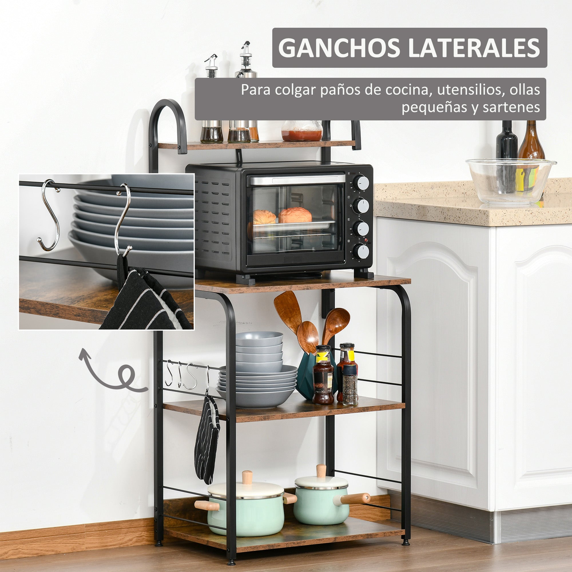 4-Tier Kitchen Shelf Kitchen Rack with Hooks Microwave Stand 60x40x125 cm Rustic Brown and Black