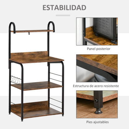 4-Tier Kitchen Shelf Kitchen Rack with Hooks Microwave Stand 60x40x125 cm Rustic Brown and Black