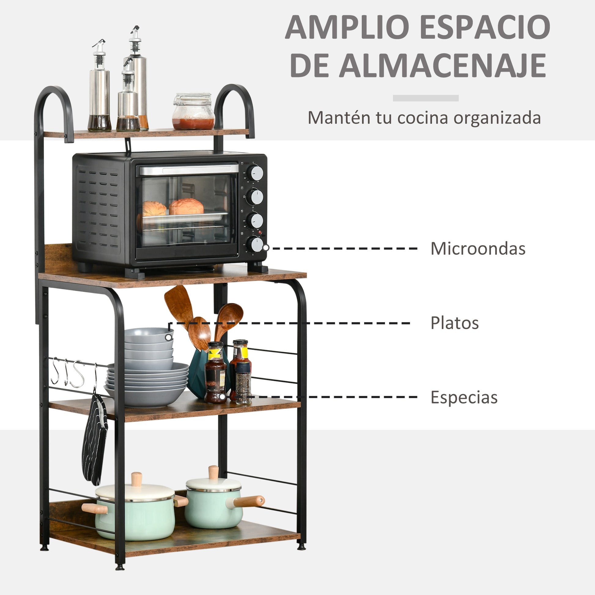 4-Tier Kitchen Shelf Kitchen Rack with Hooks Microwave Stand 60x40x125 cm Rustic Brown and Black