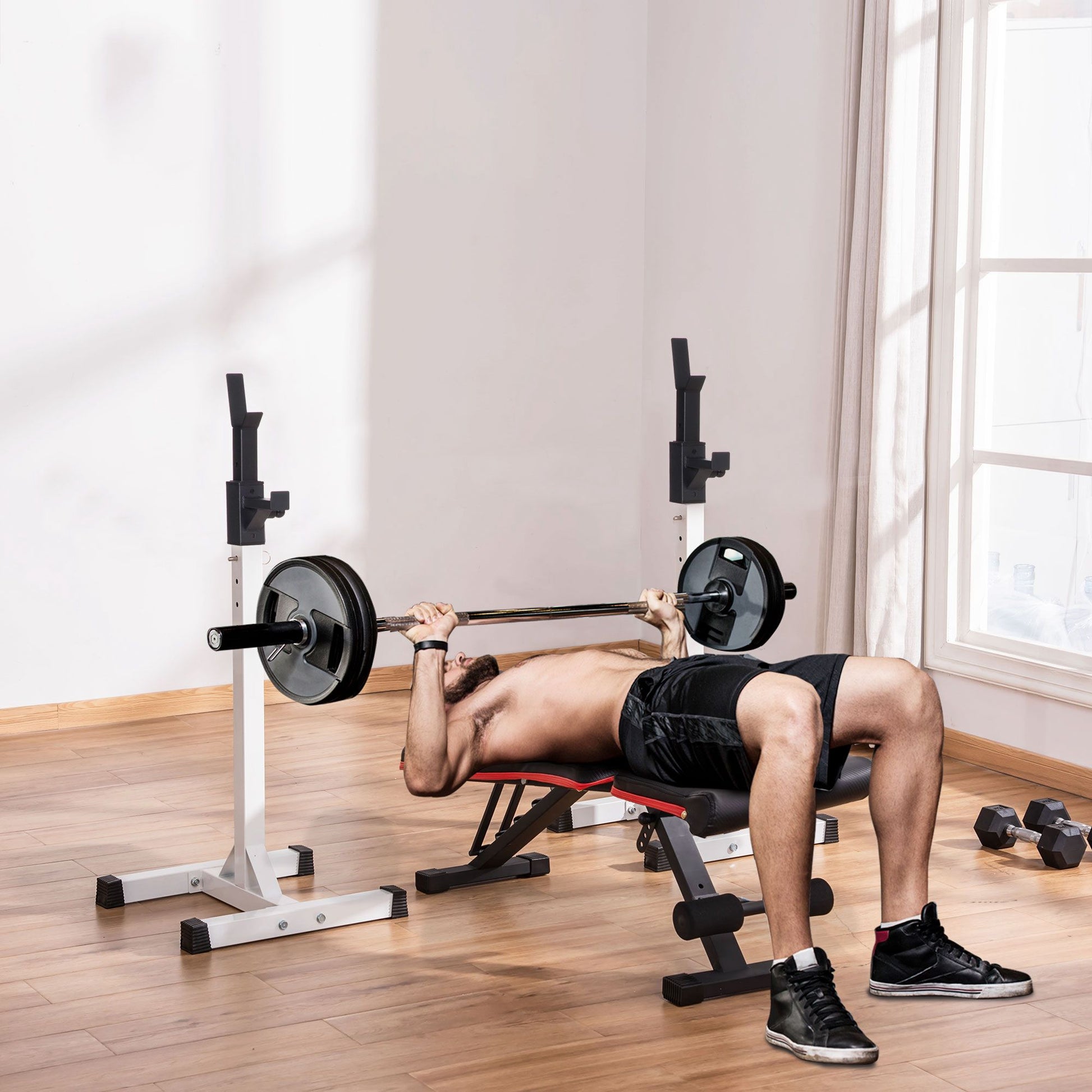 Dumbbell Stand, 2-Piece Set, Barbell Rack, Height-Adjustable Dumbbell Rack, Barbell with Rubber Foot Caps, 105-160 cm, Strength Training, up to 150 kg, Steel
