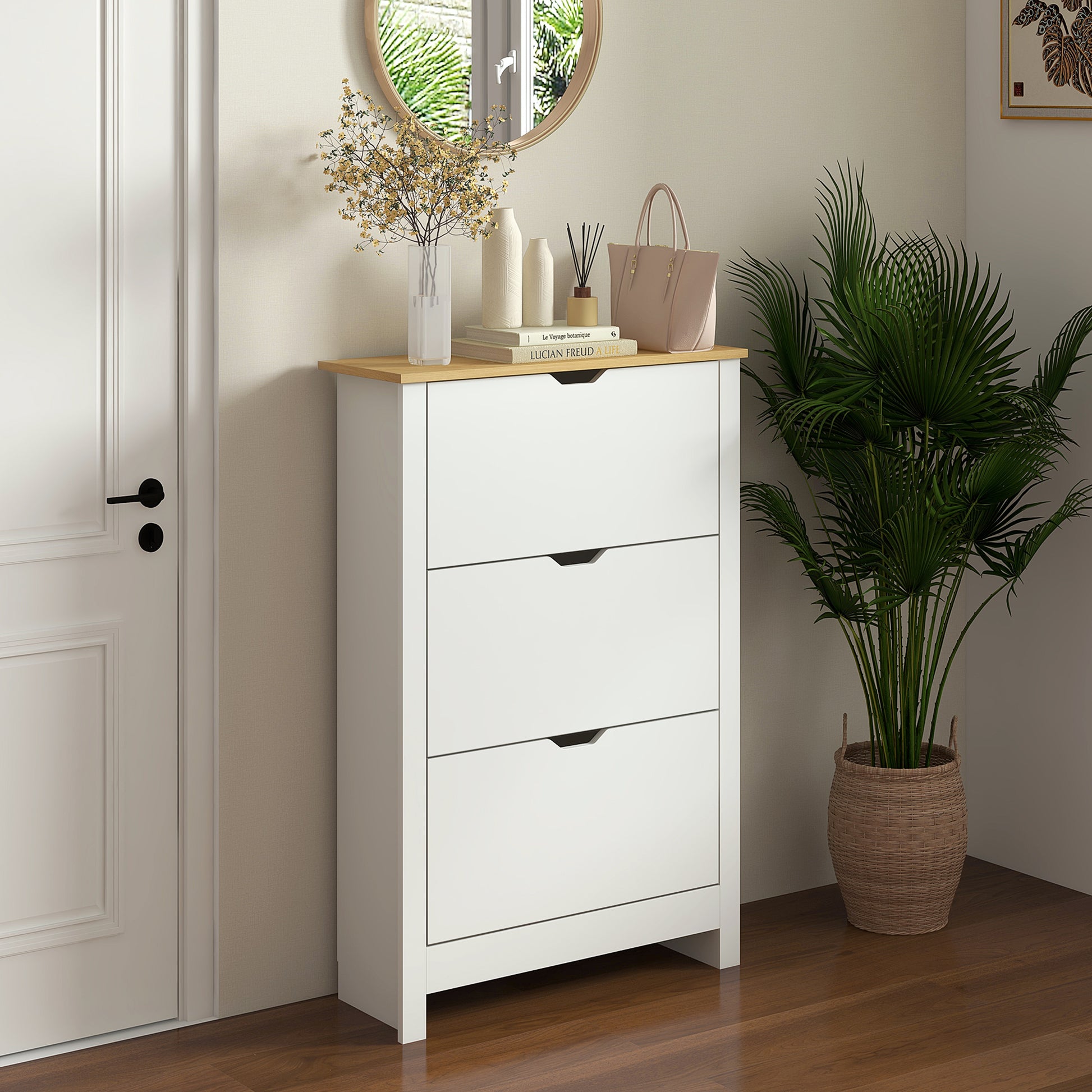 Modern Shoe Rack Entryway Shoe Storage for 18 Pairs of Shoes with Tilting Drawers and Adjustable Shelves Narrow Shoe Rack for Hallway 72x26x112 cm White