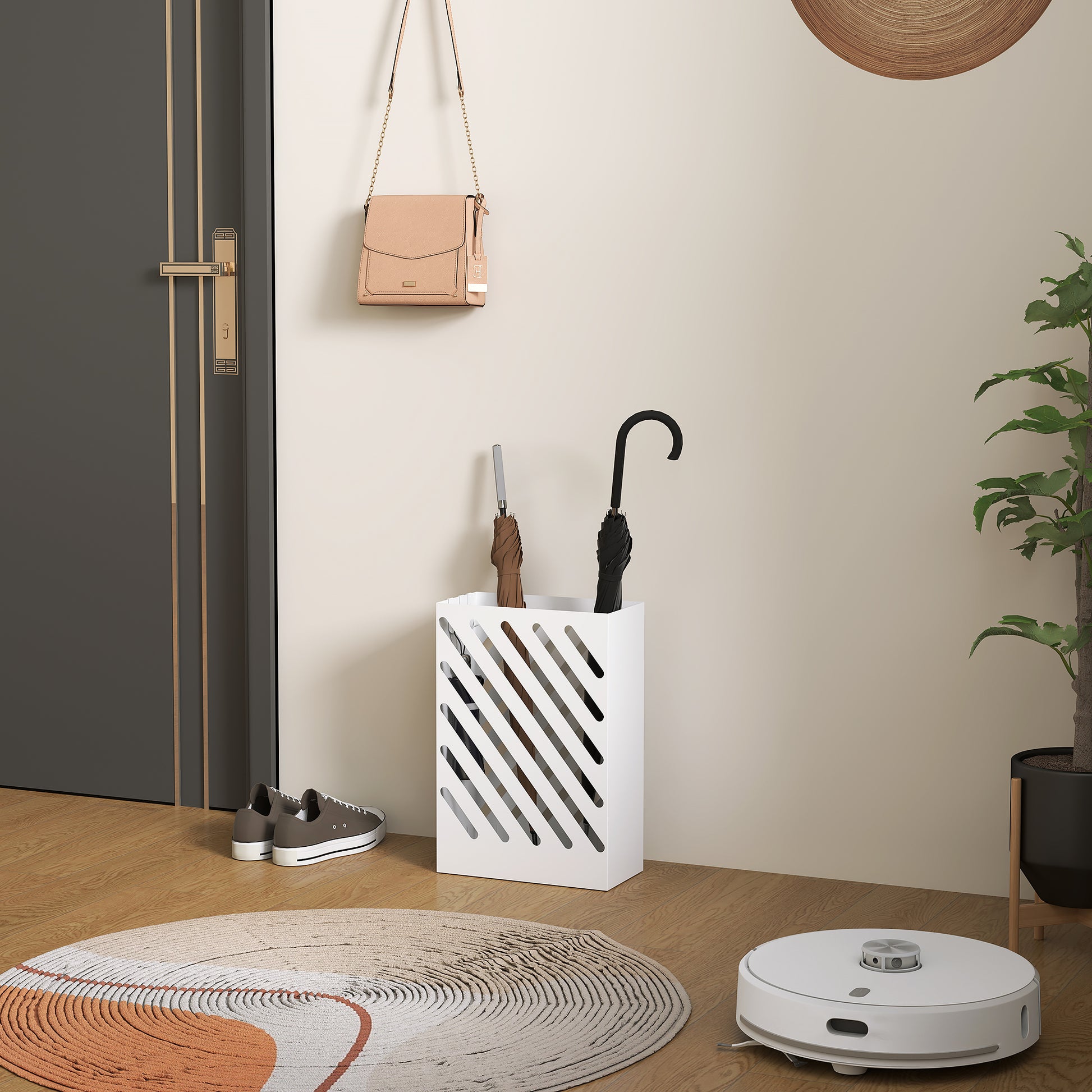Umbrella Stand Umbrella Holder with 4 Hooks and Water Catching Tray Umbrella Holder for Walking Sticks & Umbrellas Steel 28 x 14 x 41 cm White