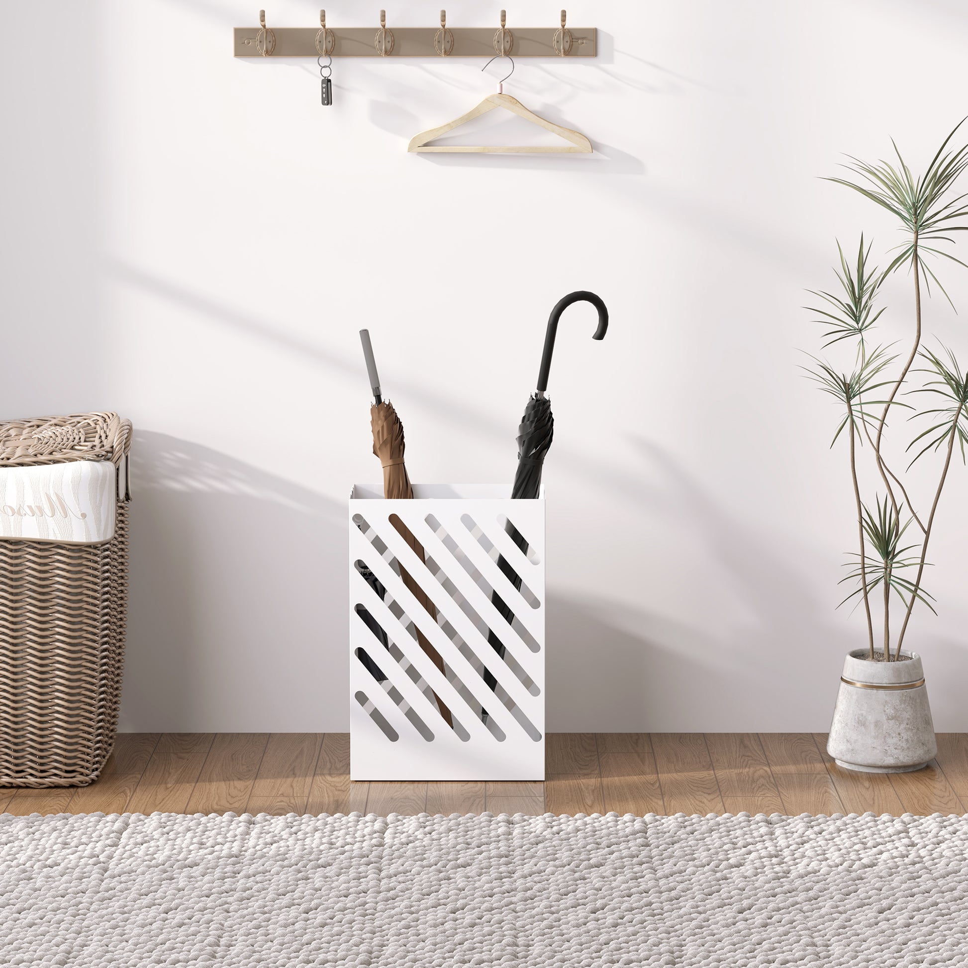Umbrella Stand Umbrella Holder with 4 Hooks and Water Catching Tray Umbrella Holder for Walking Sticks & Umbrellas Steel 28 x 14 x 41 cm White