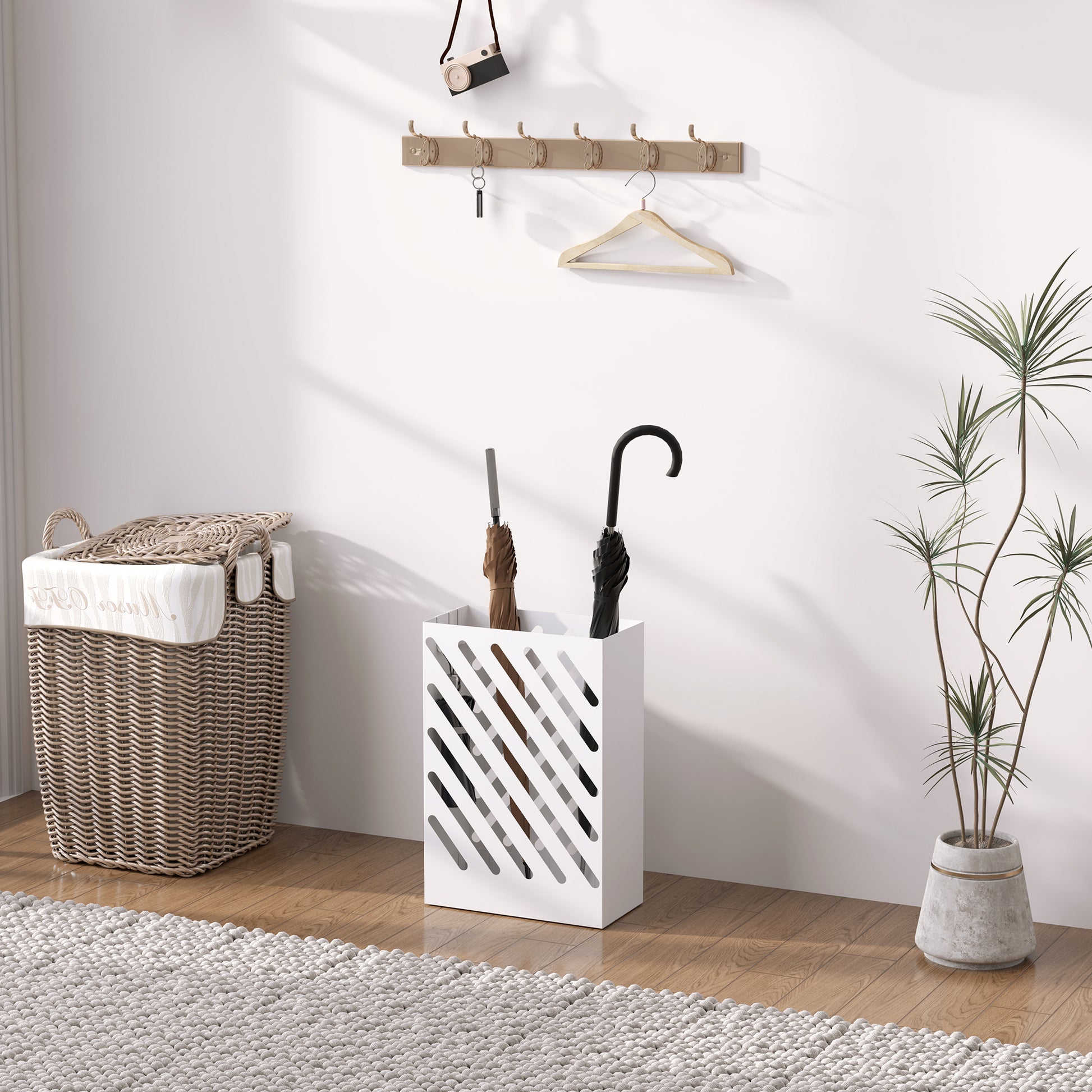 Umbrella Stand Umbrella Holder with 4 Hooks and Water Catching Tray Umbrella Holder for Walking Sticks & Umbrellas Steel 28 x 14 x 41 cm White