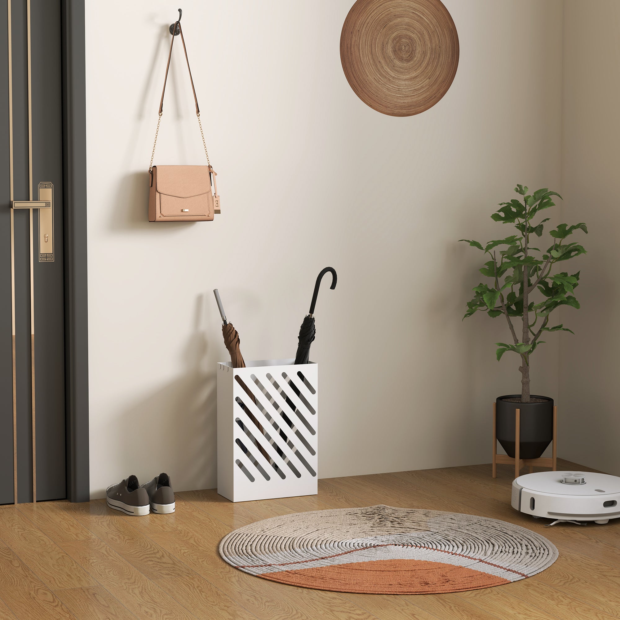 Umbrella Stand Umbrella Holder with 4 Hooks and Water Catching Tray Umbrella Holder for Walking Sticks & Umbrellas Steel 28 x 14 x 41 cm White