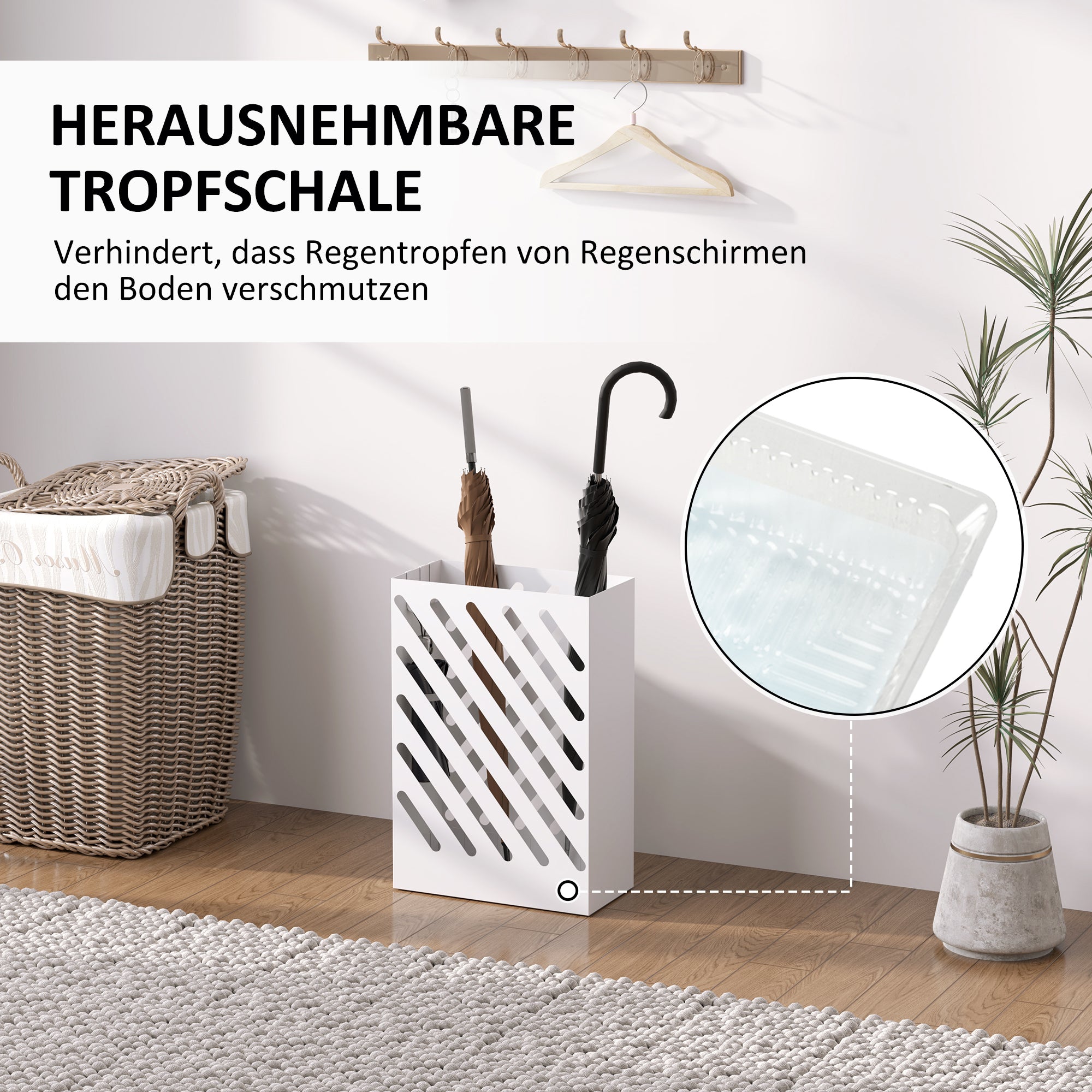 Umbrella Stand Umbrella Holder with 4 Hooks and Water Catching Tray Umbrella Holder for Walking Sticks & Umbrellas Steel 28 x 14 x 41 cm White