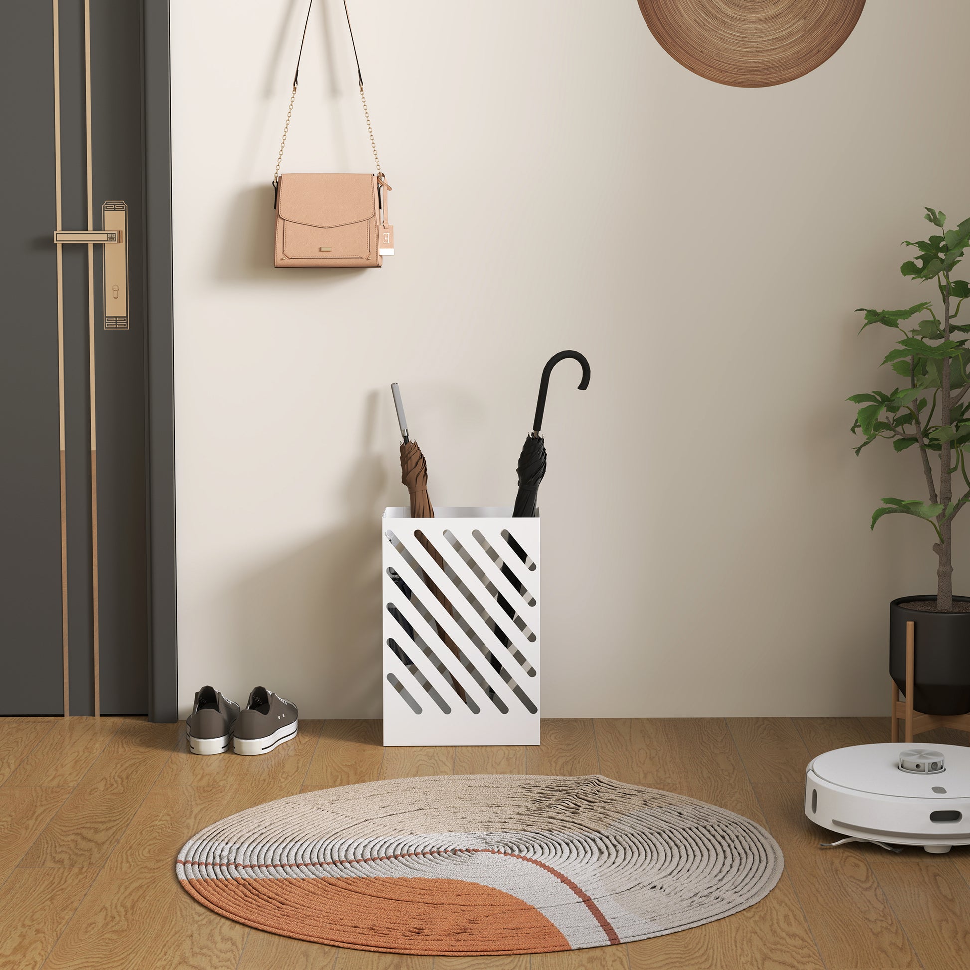 Umbrella Stand Umbrella Holder with 4 Hooks and Water Catching Tray Umbrella Holder for Walking Sticks & Umbrellas Steel 28 x 14 x 41 cm White