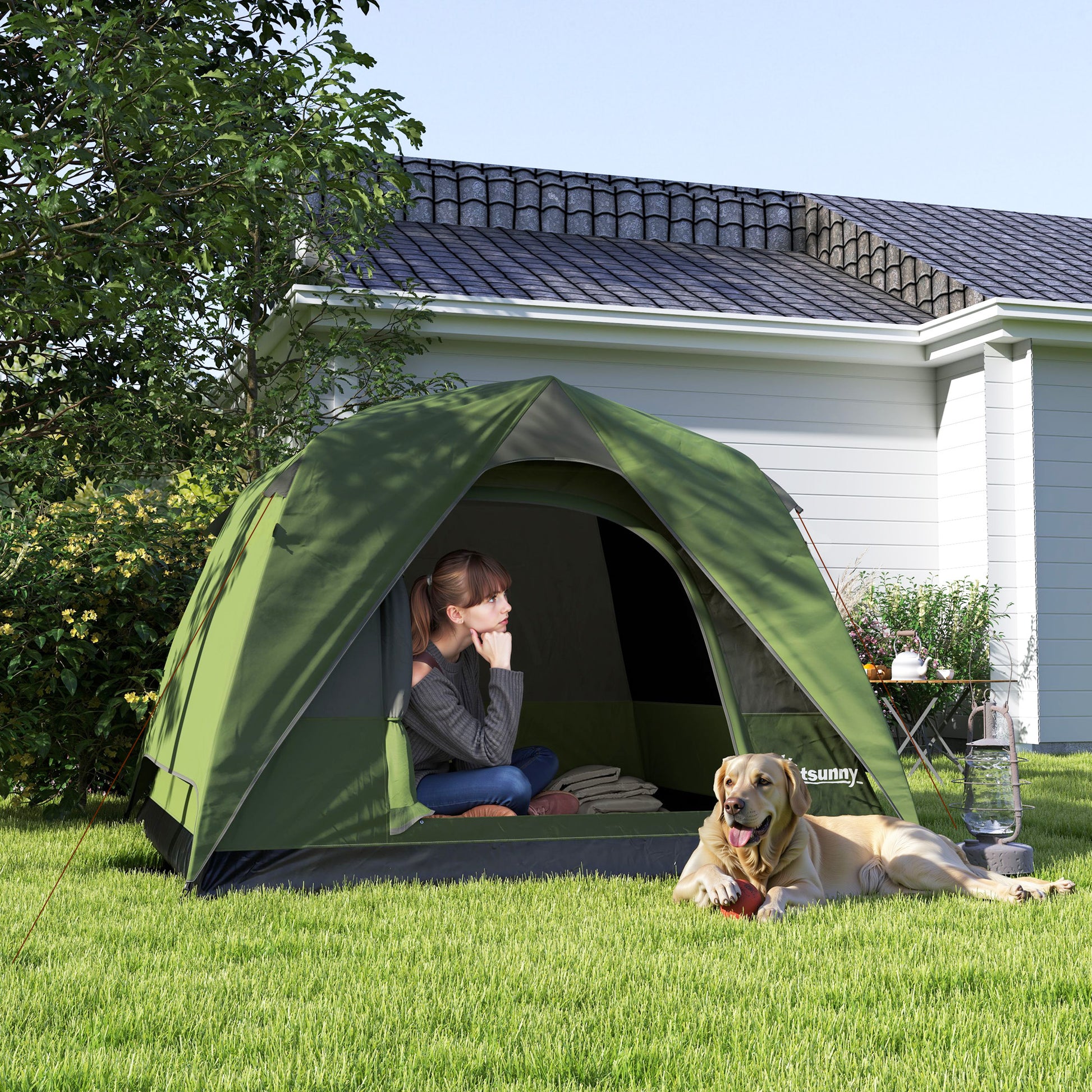 Camping Tent for 2-4 People, Waterproof Family Dome Tent, with Windows, Pocket, Carrying Bag, and Hook, for Picnics, Hiking, Trekking, Camping, Olive Green