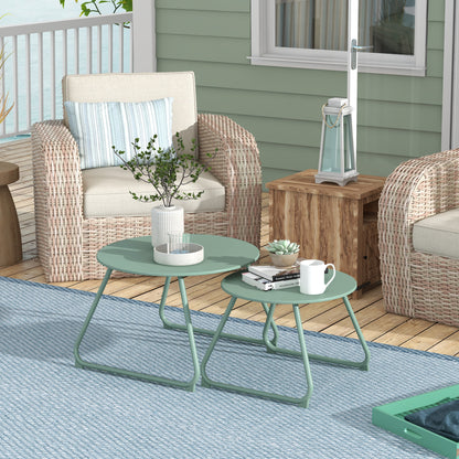Set of 2 Stackable Round Garden Side Tables Metal Epoxy, Stable Side Table for Outdoor Ø60 and Ø48 cm, Green