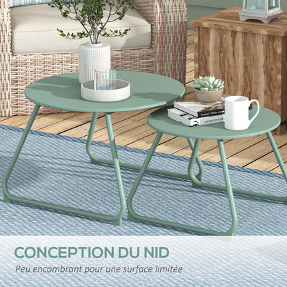 Set of 2 Stackable Round Garden Side Tables Metal Epoxy, Stable Side Table for Outdoor Ø60 and Ø48 cm, Green