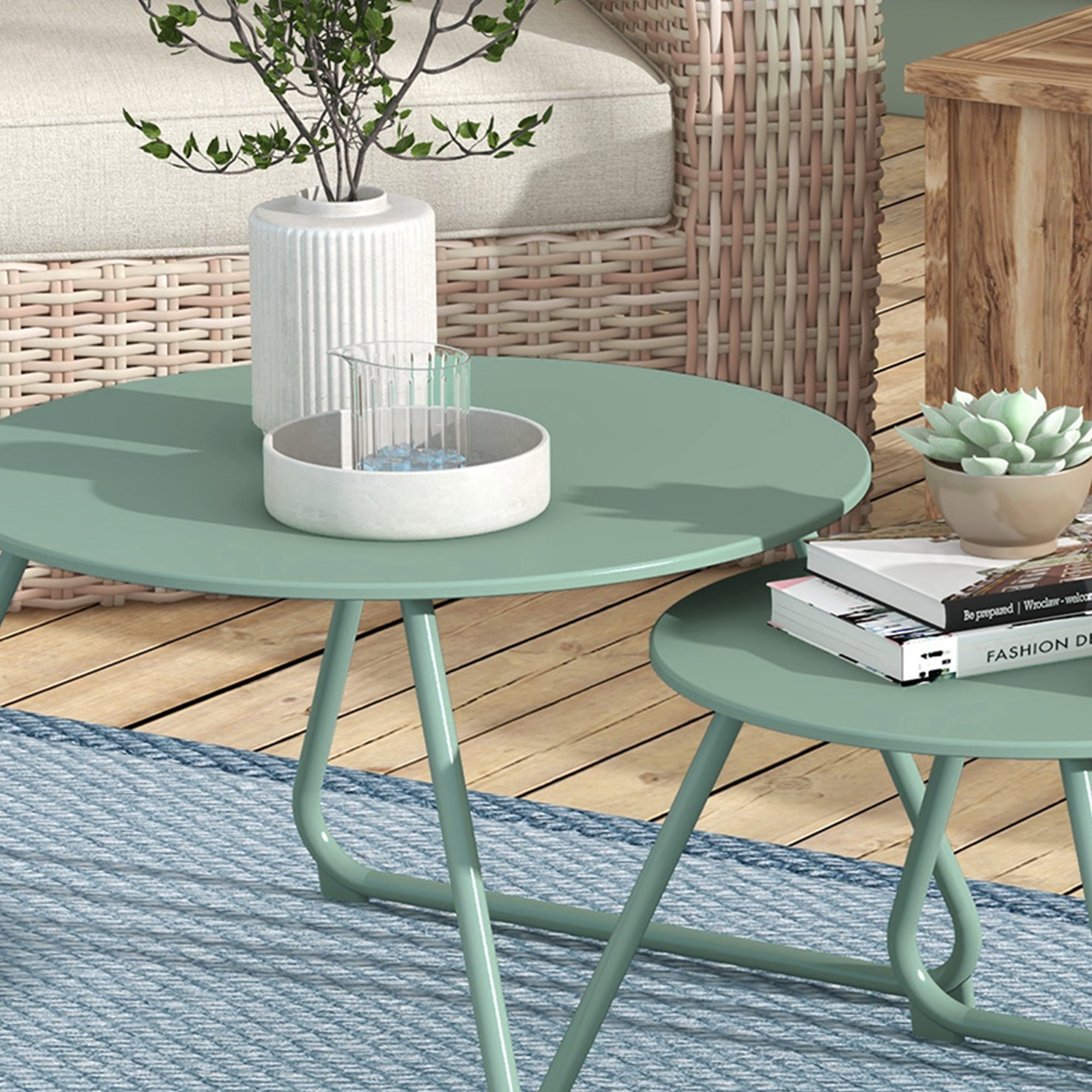 Set of 2 Stackable Round Garden Side Tables Metal Epoxy, Stable Side Table for Outdoor Ø60 and Ø48 cm, Green