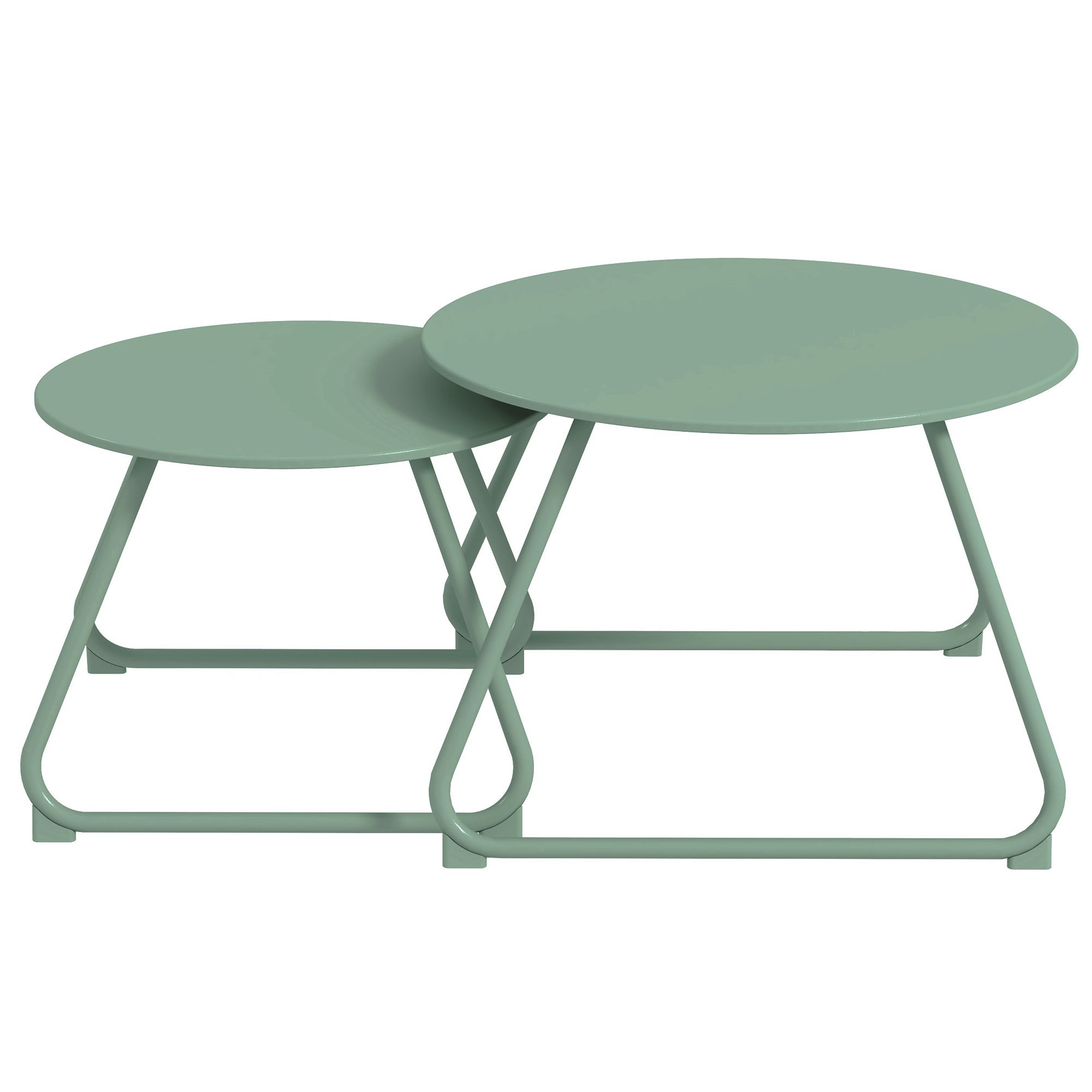 Set of 2 Stackable Round Garden Side Tables Metal Epoxy, Stable Side Table for Outdoor Ø60 and Ø48 cm, Green