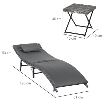 Set of 2 Foldable Sun Loungers, Garden Rattan Recliners with Removable Washable Cushions and Folding Table, Gray
