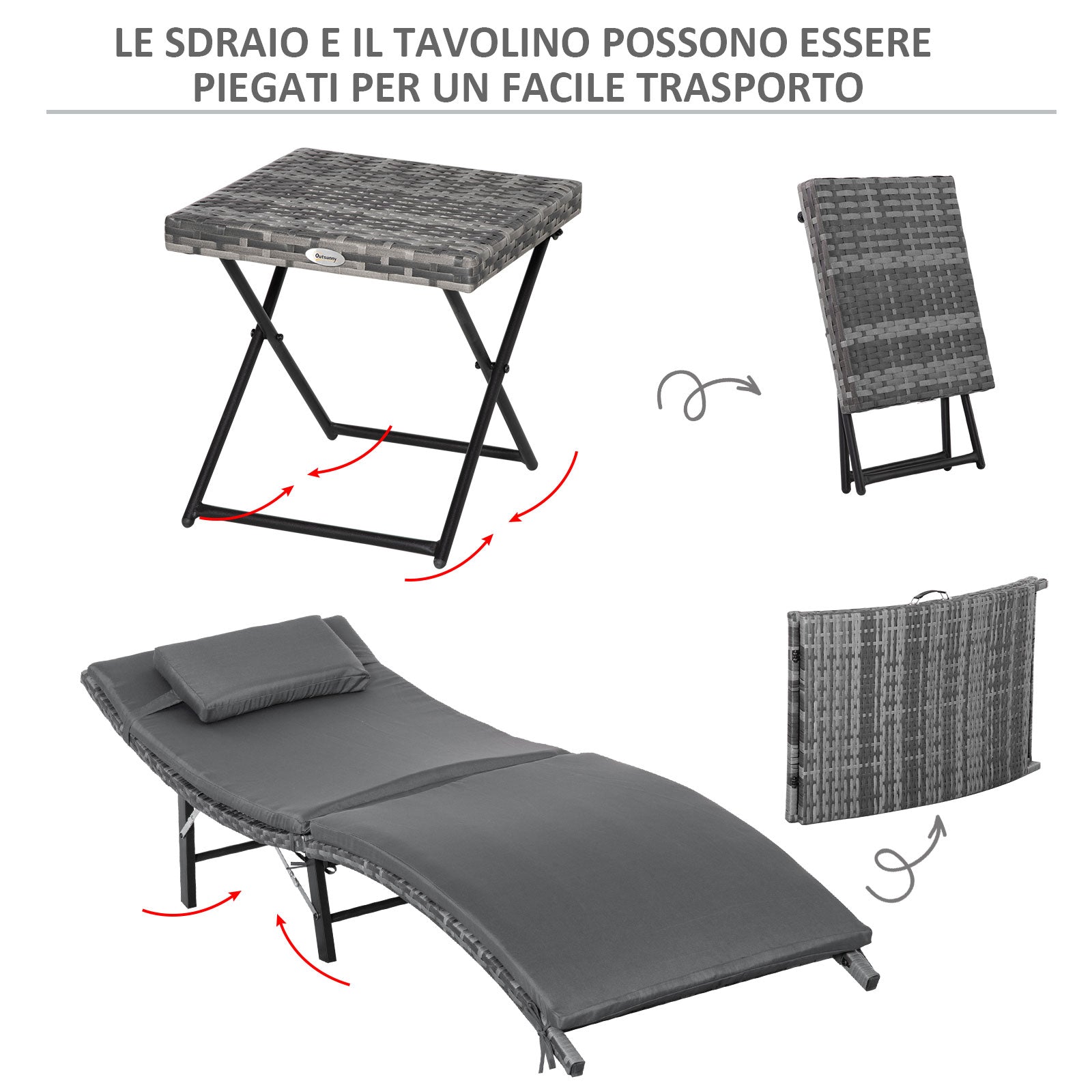 Set of 2 Foldable Sun Loungers, Garden Rattan Recliners with Removable Washable Cushions and Folding Table, Gray