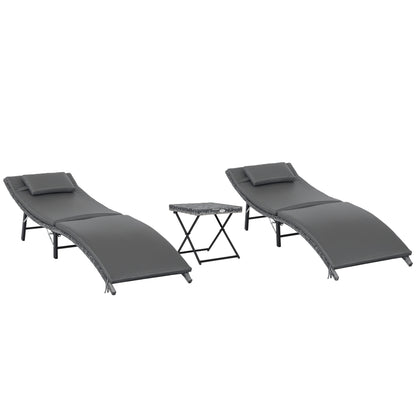 Set of 2 Foldable Sun Loungers, Garden Rattan Recliners with Removable Washable Cushions and Folding Table, Gray