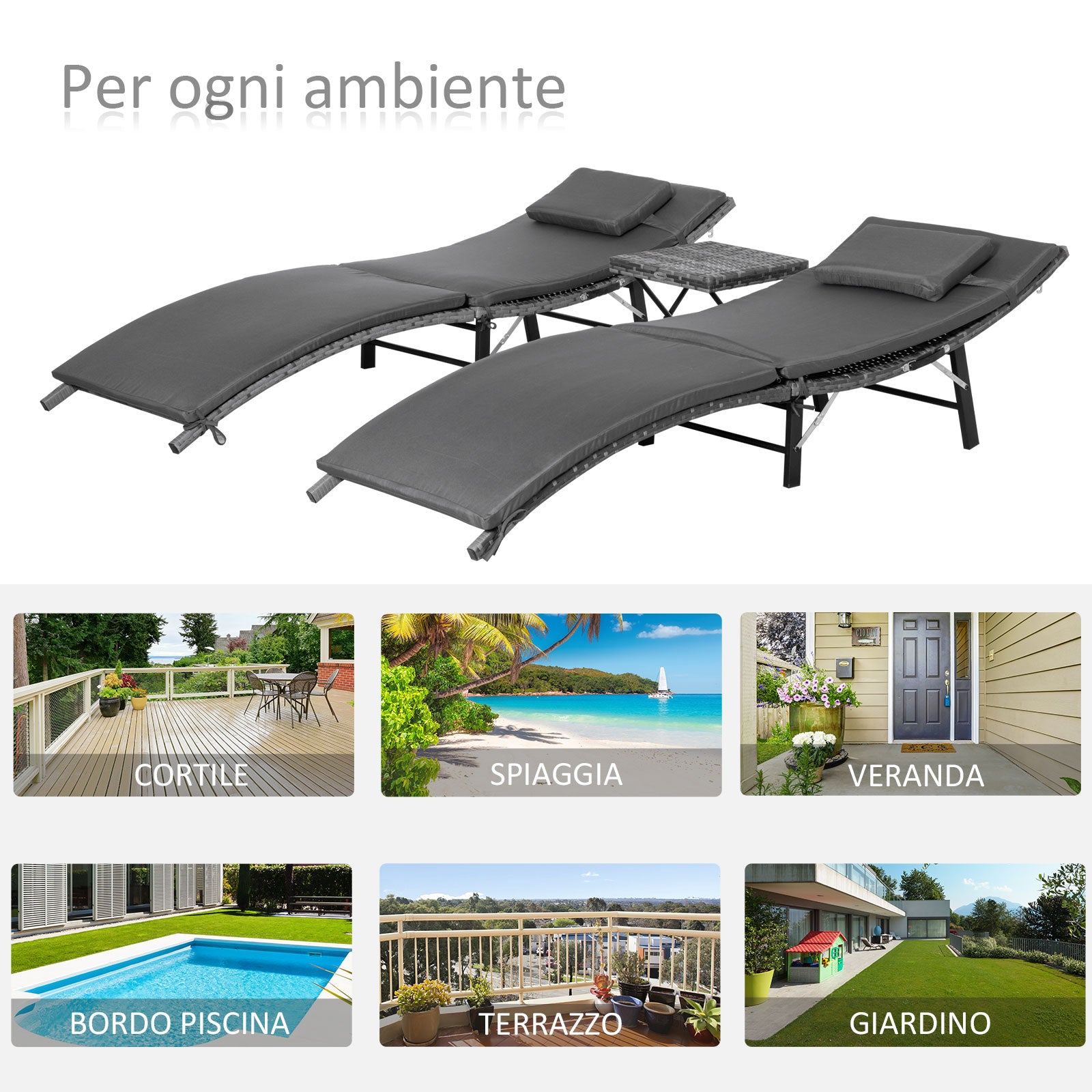 Set of 2 Foldable Sun Loungers, Garden Rattan Recliners with Removable Washable Cushions and Folding Table, Gray
