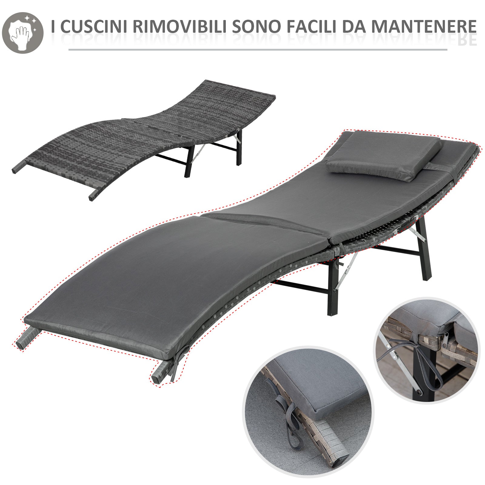 Set of 2 Foldable Sun Loungers, Garden Rattan Recliners with Removable Washable Cushions and Folding Table, Gray