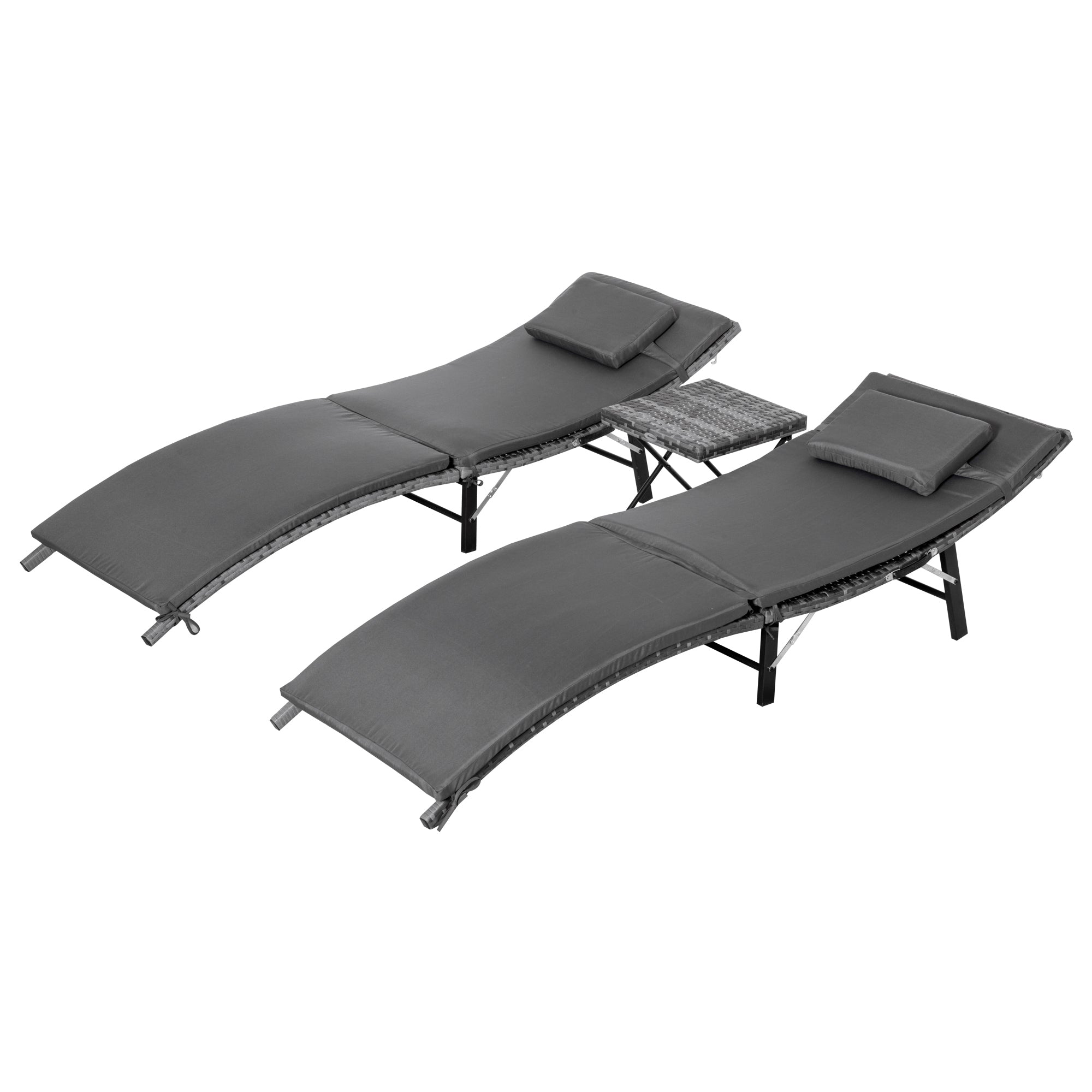 Set of 2 Foldable Sun Loungers, Garden Rattan Recliners with Removable Washable Cushions and Folding Table, Gray