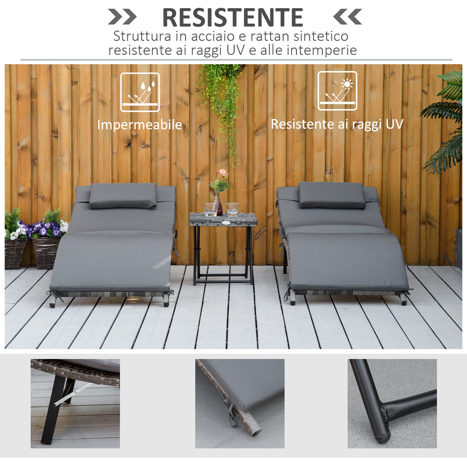 Set of 2 Foldable Sun Loungers, Garden Rattan Recliners with Removable Washable Cushions and Folding Table, Gray