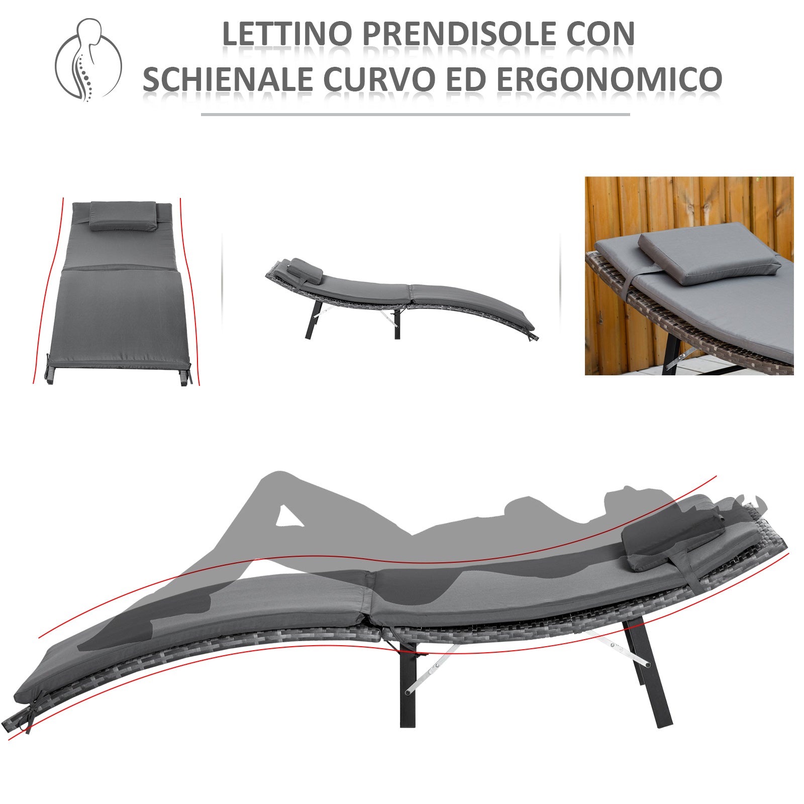 Set of 2 Foldable Sun Loungers, Garden Rattan Recliners with Removable Washable Cushions and Folding Table, Gray