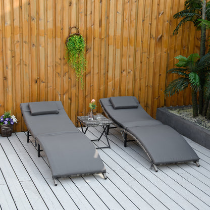 Set of 2 Foldable Sun Loungers, Garden Rattan Recliners with Removable Washable Cushions and Folding Table, Gray