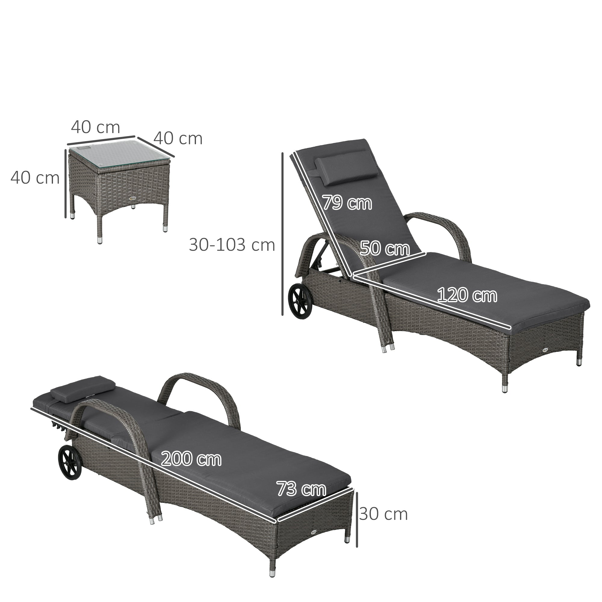 Sun Lounger Garden Lounger Table 3-Piece Garden Furniture Set, Polyrattan+Metal Grey+Dark Grey