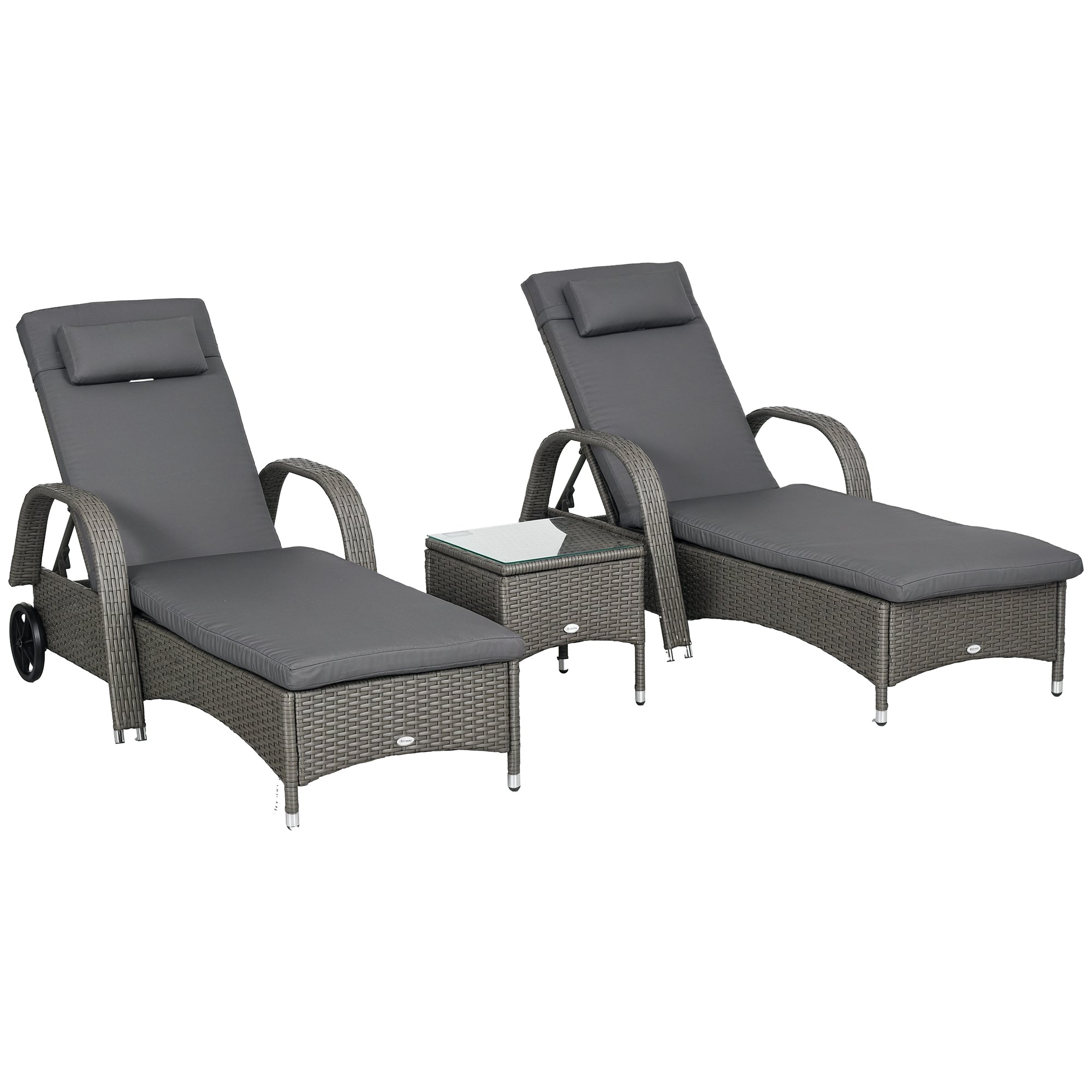 Sun Lounger Garden Lounger Table 3-Piece Garden Furniture Set, Polyrattan+Metal Grey+Dark Grey