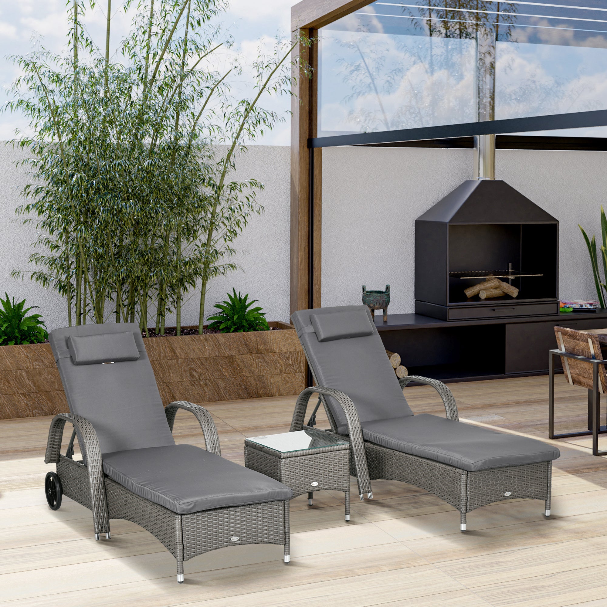 Sun Lounger Garden Lounger Table 3-Piece Garden Furniture Set, Polyrattan+Metal Grey+Dark Grey