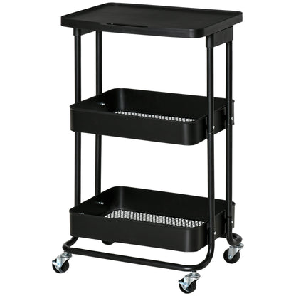 3-Tier Kitchen Cart with Wheels Storage Trolley with Brakes for Bathroom Living Room Bedroom Office 46x34.5x76.5 cm Black