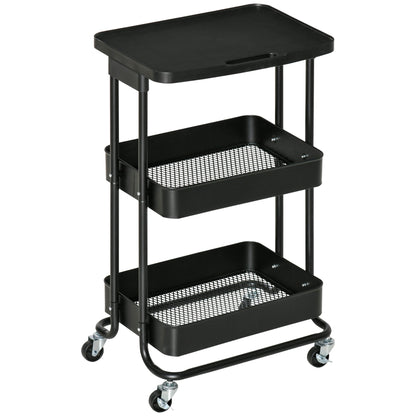 3-Tier Kitchen Cart with Wheels Storage Trolley with Brakes for Bathroom Living Room Bedroom Office 46x34.5x76.5 cm Black