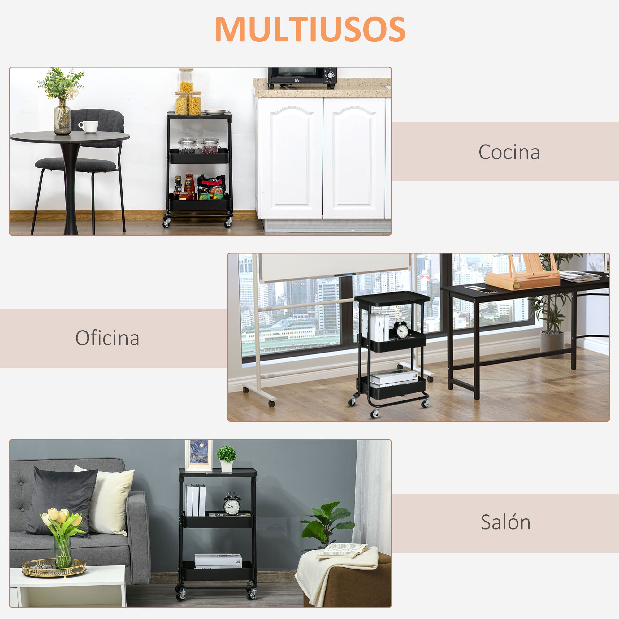 3-Tier Kitchen Cart with Wheels Storage Trolley with Brakes for Bathroom Living Room Bedroom Office 46x34.5x76.5 cm Black
