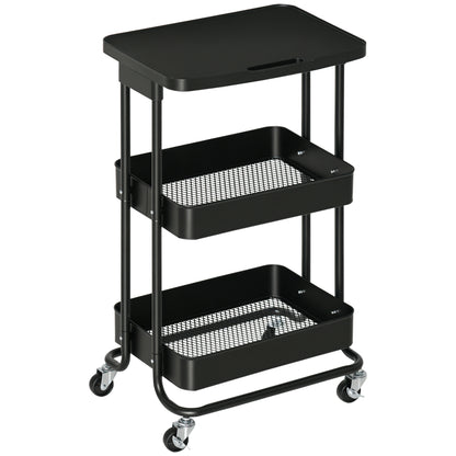 3-Tier Kitchen Cart with Wheels Storage Trolley with Brakes for Bathroom Living Room Bedroom Office 46x34.5x76.5 cm Black
