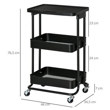 3-Tier Kitchen Cart with Wheels Storage Trolley with Brakes for Bathroom Living Room Bedroom Office 46x34.5x76.5 cm Black