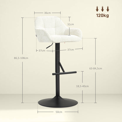 Set of 2 Bar Stools, Bar Chairs, Height Adjustable, Swivel Seat, with Backrest and Footrest, Linen Fabric and Steel Base, for Bar, Kitchen, Dining Room, Cream