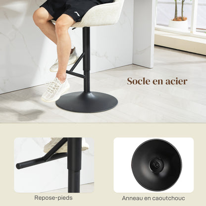 Set of 2 Bar Stools, Bar Chairs, Height Adjustable, Swivel Seat, with Backrest and Footrest, Linen Fabric and Steel Base, for Bar, Kitchen, Dining Room, Cream