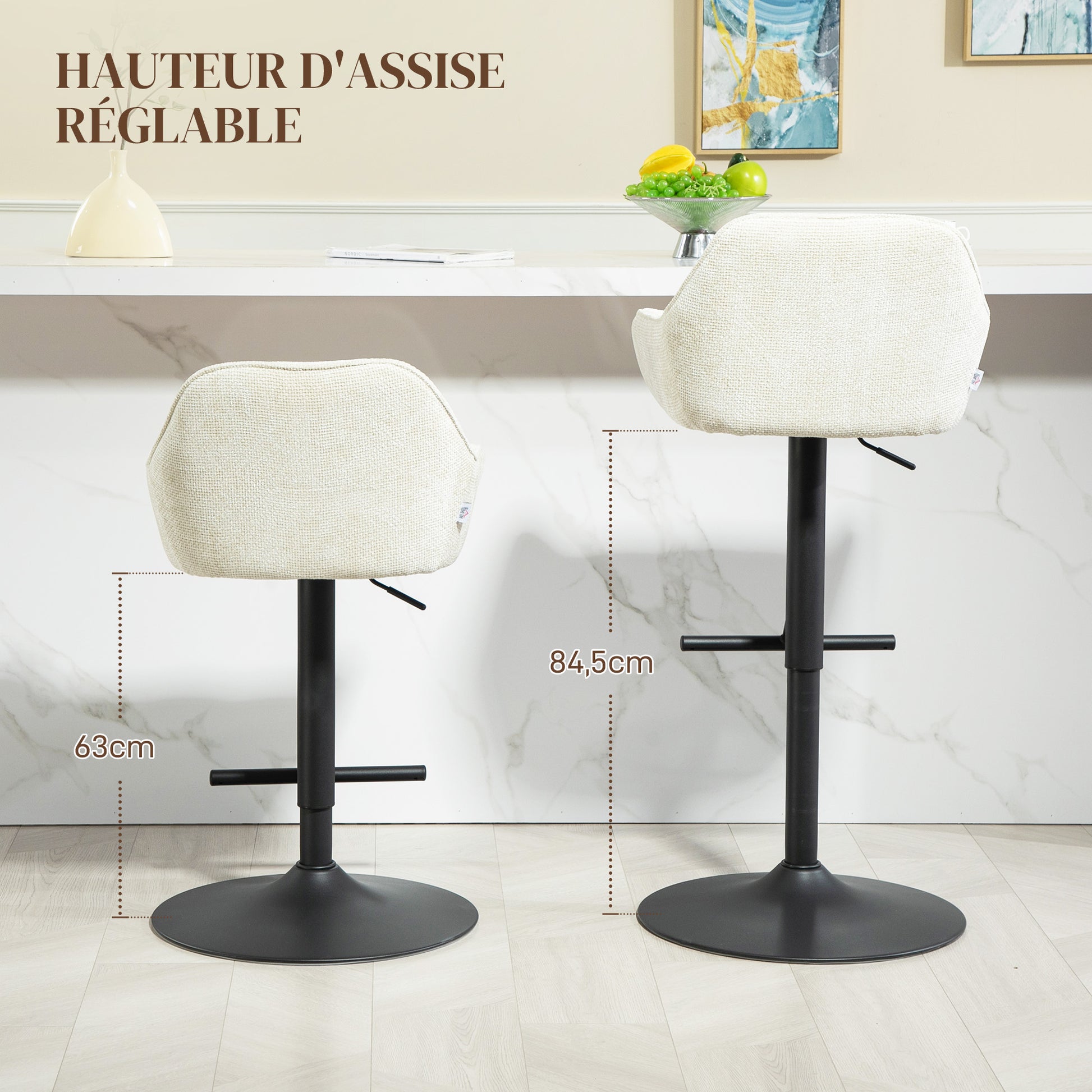Set of 2 Bar Stools, Bar Chairs, Height Adjustable, Swivel Seat, with Backrest and Footrest, Linen Fabric and Steel Base, for Bar, Kitchen, Dining Room, Cream