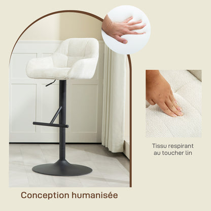 Set of 2 Bar Stools, Bar Chairs, Height Adjustable, Swivel Seat, with Backrest and Footrest, Linen Fabric and Steel Base, for Bar, Kitchen, Dining Room, Cream