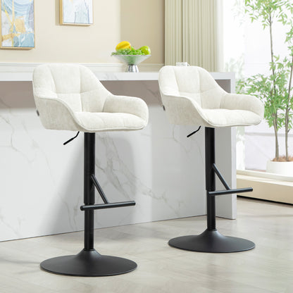 Set of 2 Bar Stools, Bar Chairs, Height Adjustable, Swivel Seat, with Backrest and Footrest, Linen Fabric and Steel Base, for Bar, Kitchen, Dining Room, Cream