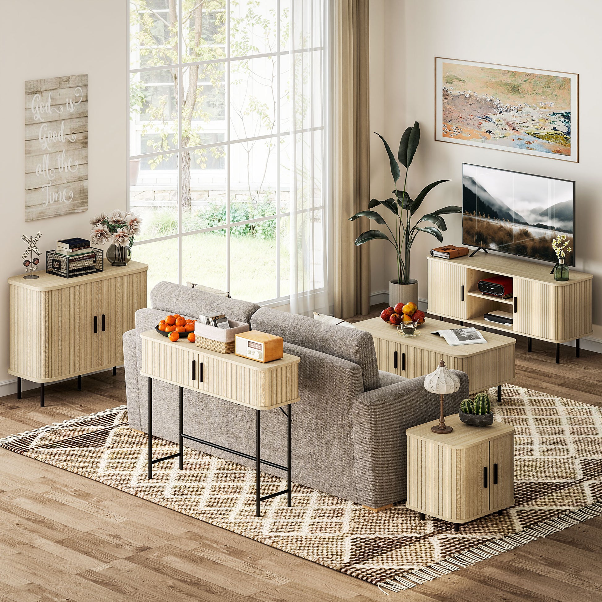 Vintage Console Table Sideboard with 2 Sliding Shutter Doors and Compartments for Entryway Hallway 100x30x80 cm Oak