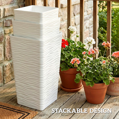 Set of 3 Stackable Square Outdoor Planters with Wavy Pattern, Drainage Holes, 42/55/65 cm (16.5/21.7/25.6 in) — White, Black, Brown