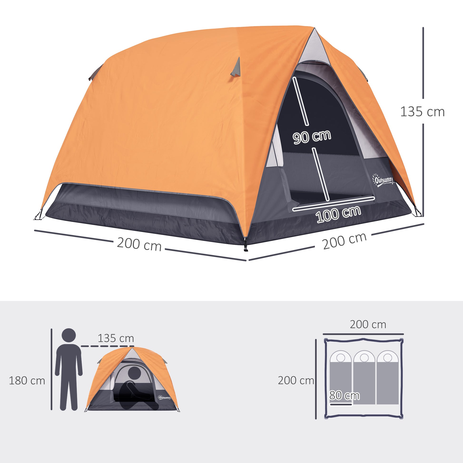 Camping Tent for 2-4 People Foldable Camping Tent with Mesh Door Windows Hook Pocket and Waterproof Carry Bag Easy Installation for Hiking Orange and Gray